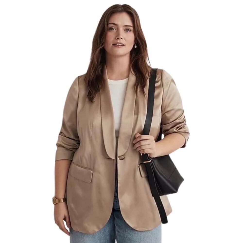 Madewell women’s BlazerTaupe Gold Satin Shawl‎ Collar  Zise 16W NEW - Picture 2 of 16